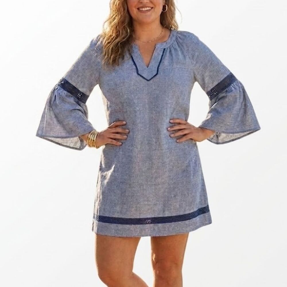 Crown & Ivy 100% Linen Blue Chambray Tunic Dress Large Bell Sleeve Crochet Trim